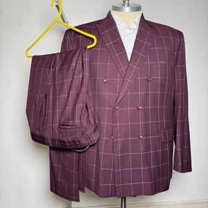 Vinci Philosophy Mens Burgundy Plaid Double Breasted Suit Check 52R 42W